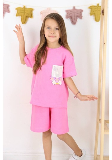 Örme Nakışlı Müslin Şort Takım Pembe