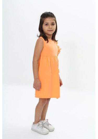 Toontoy Kız Çocuk Fırfır Ve Çıtçıt Detaylı Elbise Turuncu