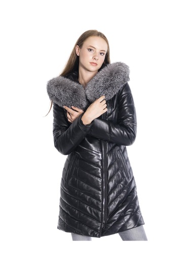 Derinss Dka1704 Hakiki Deri Kadın Siyah Kaban/Mont