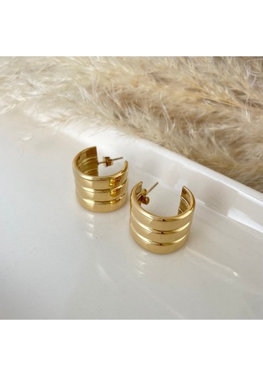 Üçlü Bombeli Halka Gold Çelik Küpe