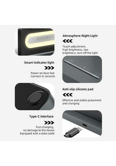 Ht-539 Masaüstü Gece Lambası 15w Manyetik Katlanabilir Telefon Saati Kulaklık Kablosuz Şarj Cihazı Siyah