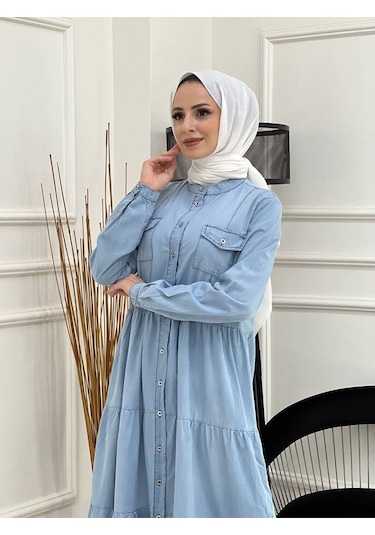 Dantelli Doğal Kumaşlı Boydan Düğmeli Kot Elbise - 001