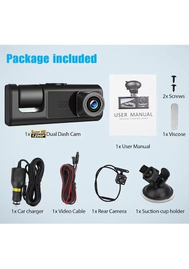 Araç İçi Wi-fi Güvenli Sürüş Kamerası Ön İç Arka 3 Kameralı G-sensör Mobil Uygulama İle Kolay İzleme