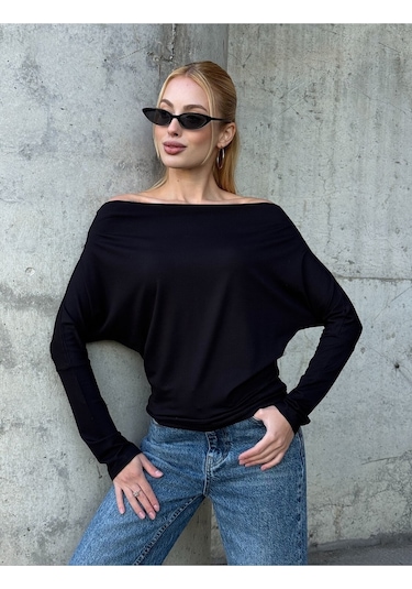 Kadın Kayık Yaka Full Esnek Asimetrik Kesim Comfort Spor Şık Tasarım Yumoş Bluz Siyah