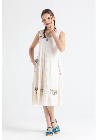Kolsuz Şile Bezi Mehtap Midi Boy Elbise Krem Krm-krem