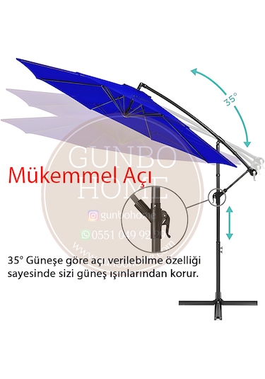 Gunbo Home 3 Mt 8 Kaburga Full Demir 21 Kg Mavi Bahçe Şemsiyes