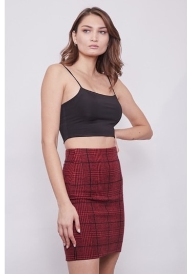 Kışlık Yünlü Kumaş Yüksek Bel Diz Üstü Kalem Etek-Bordo Ekose Bordo