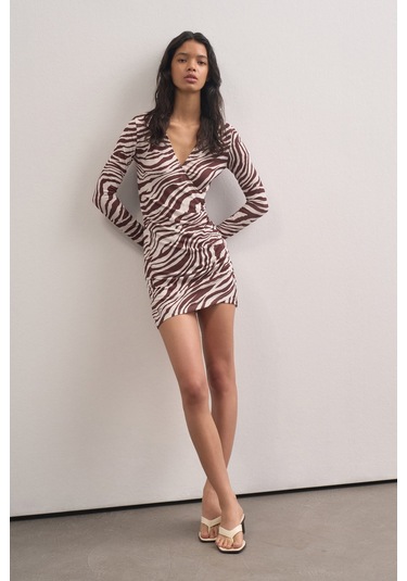 Polo Yaka Desenli Elbise Kahverengi