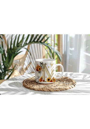 N Harfi Pembe Kareli Kalpli Göz Emojili Kupa Bardak Eğlenceli Kareli Tasarım Kahve Çay Kupası Beyaz