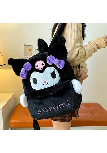 Kuromi Sırt Çantası Büyük Kapasiteli, Peluş Detaylı Sevimli Karikatür Tasarım, Günlük Kullanım & Hed Siyah