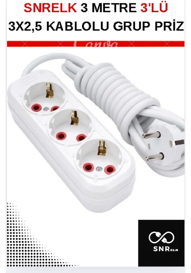 Snrelk 3 Metre 3'lü Kablolu Düz Topraklı Fişli Grup Priz