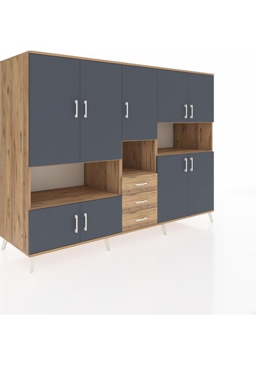 Kronos Dolap 13 Raflı 3 Çekmeceli 9 Kapaklı 220x59x163 Çam-antras Çam-antrasit/çam