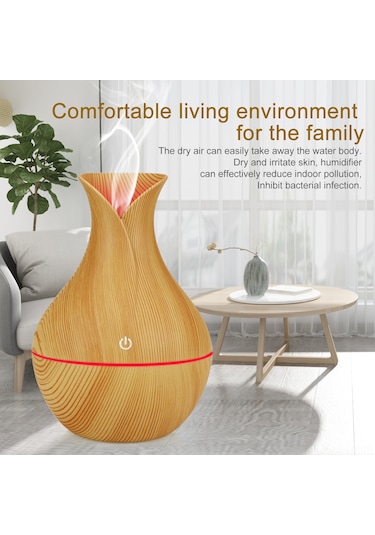Dianziye Yx-060 Aromaterapi Usb Nemlendirici 130ml 35ml/saat 7 Renkli Led Işıklı Ahşap Desenli Ev Ofis Kullanıma Uygun