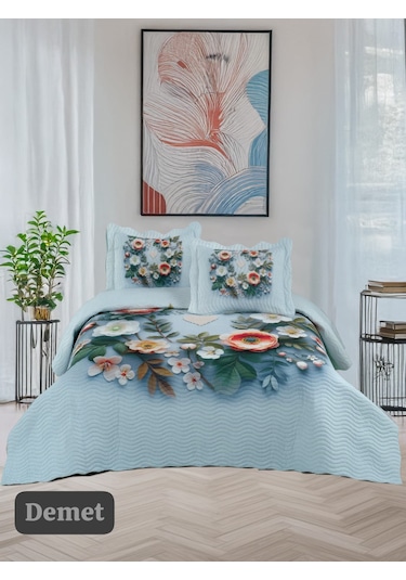 Örtüm Çift Kişilik Kapitone Yatak Örtüsü A.mavi-gri