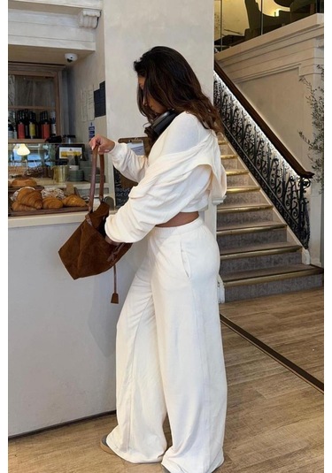 Madmext Beyaz Bol Paça Kadın Eşofman Altı Mg2279 Beyaz