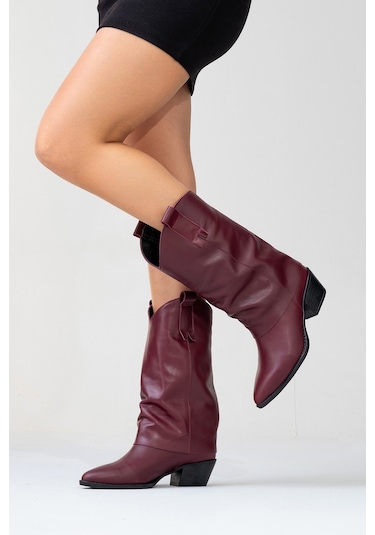 Sojo Bordo Cilt Hakiki Deri Kalın Topuklu Kısa Çizme Bordo