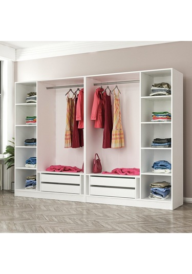 Minar Kale 6 Kapaklı 2 Aynalı 4 Çekmeceli Dolap Beyaz Antrasit 210cm Çok Renkli
