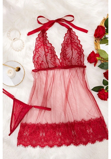 Merry See Dantelli Transparan Tangalı Gecelik Takım Kırmızı