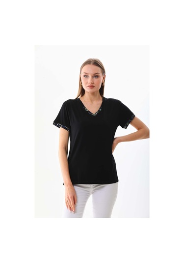 Sistas Kadın V Yaka Kısa Kol Bluz 23152 Siyah