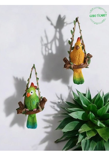 2 Adet Dekoratif Sallanan Duvar Ve Bahçe Süs Kuş Biblo Yeşil-sarı