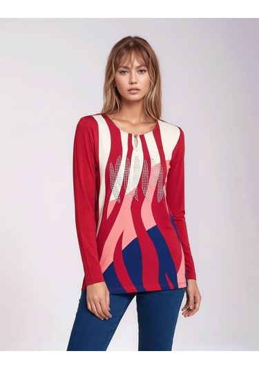 Kadın Bisiklet Yaka Esnek Desenli Taşlı Viskon Uzun Kol Curve Büyük Beden Bluz Kırmızı