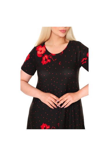 Melsay Butik Kırmızı Puanlı Gelincik Desen Asimetrik Kısa Kollu Elbise Siyah