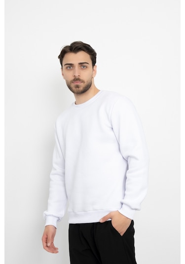 Dasüniforma Basic Baskısız 3 İplik Unisex Cepsiz Düz Sweatshirt Yuvarlak Yaka Sweat Beyaz
