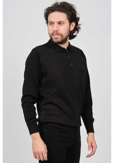 Çizgi Triko Erkek Cep Detaylı Polo Yaka Desenli Kazak 42544226 Siyah Siyah