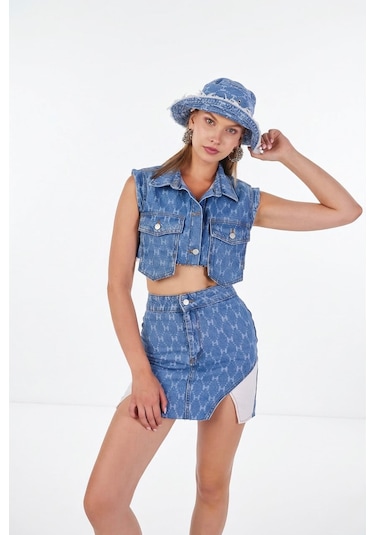 Holly Lolly H Baskılı Cepli Mini Jean Yelek Mavi