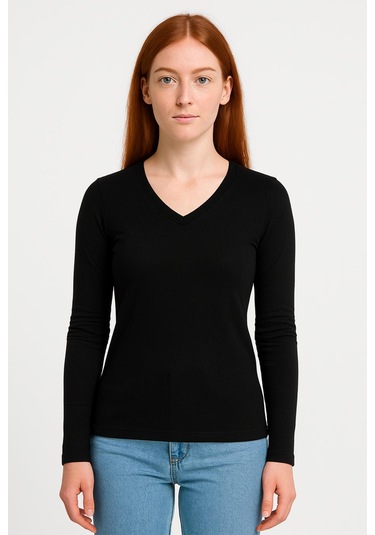 Kadın Siyah Uzun Kollu Unisex Kalıp T-shirt-d236-k Siyah