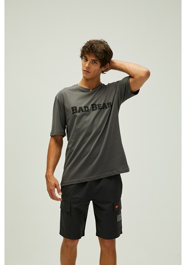 Bad Bear Title Oversize T-shirt Koyu Gri Baskılı Erkek Tişört-asfalt Koyu Gri