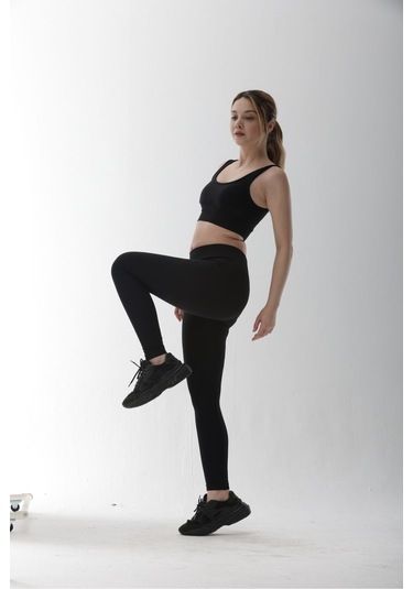 Seamless Siyah Normal Bel Fitted Basic Sporcu Tayt Takımı SiYAH