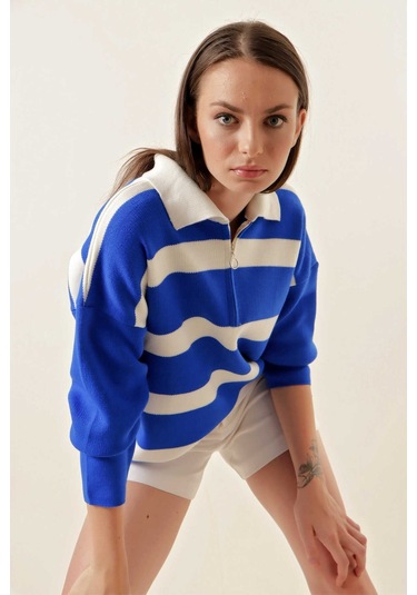 Gabria Fermuarlı Çizgili Kazak Saks