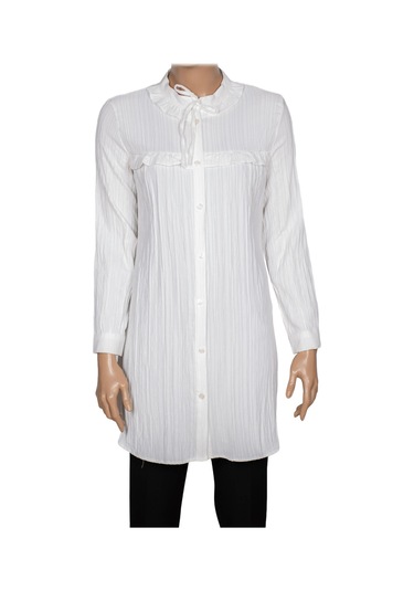 Hazel Kadın Yaka Roba Fırfırlı Kırışık Pamuk Keten Kırık Beyaz Gömlek Kırık Beyaz