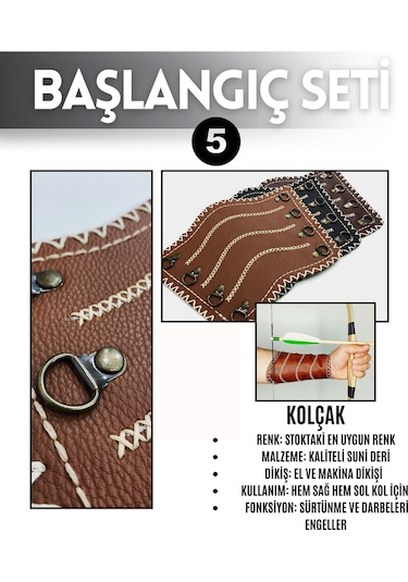 Geleneksel Okçuluk Başlangıç Seti - Elif Yay Kaplamalı + 7 Ok + Zihgir + Tirkeş + Kolçak