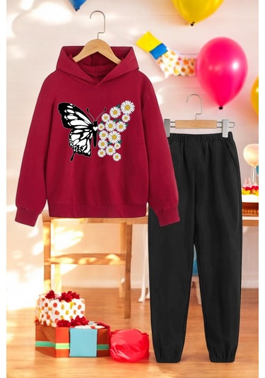 Papatya Kelebek Baskılı Çocuk Rahat Eşofman Takımı Kırmızı