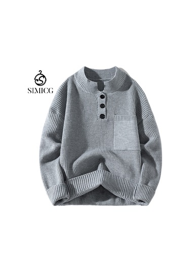 Yarım Balıkçı Yaka Düğmeli Kıvrık Etekli, Her Mevsime Uygun Erkek Kazağı Bej