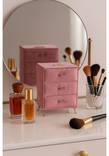 Dekoratif 3 Çekmeceli Kadife Takı Bijuteri Mücevher Kutusu Organizer Düzenleyici Pembe