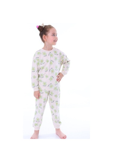 Kız Çocuk Yeşil Çiçek Desenli Uzun Kollu Pijama Takımı-905 Yesil
