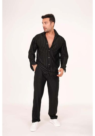 Alaçatı Stili Erkek Krep Kumaş Çizgili Gömlek Ve Pantolon Takım Siyah