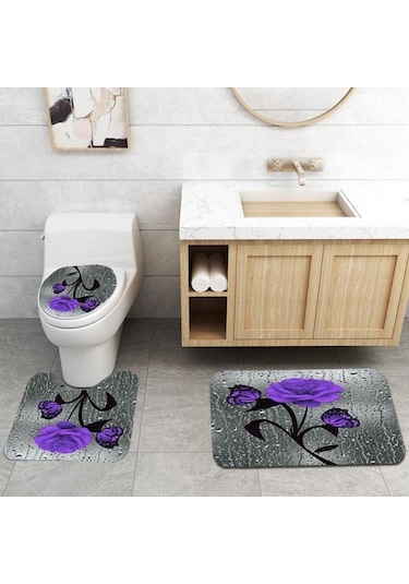 Mor Çiçek Açan Çiçekler Gül Kelebek Duş Perdesi Seti Su Geçirmez Banyo Klozet Kapağı Banyo Kaymaz Mat Halı Halı Banyo Dekor 4 A Mor