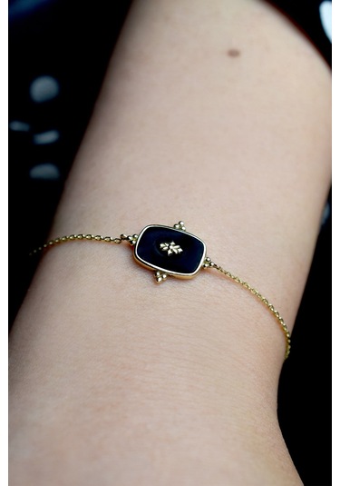 Siyah Mineli Altın Bileklik Sarı Altın