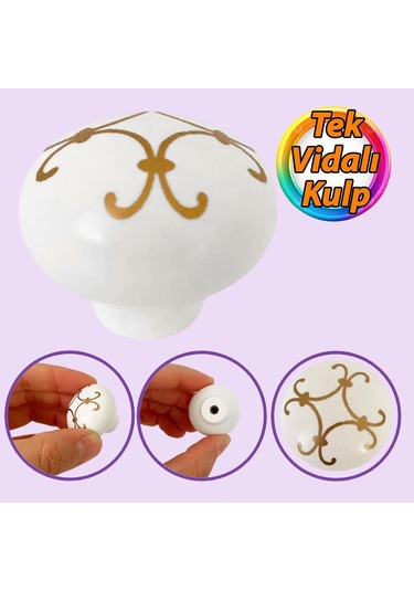 Defne Altın Çizgili Beyaz Polimer Düğme Kulp Mantar Mobilya Mutfak Dolabı Çekmece Kulbu Kulpları