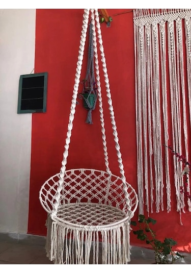 Makrome Özel Örgü Burgu Halatlı Salıncak Hamak Ekru