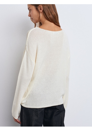 Dilvin 10706 Oval Yaka Yumuşak Dokulu Triko Kazak Ekru