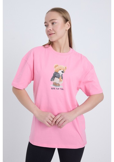 Velvoria Oversize Kadın Here For You Baskılı Pembe Renk T-shirt