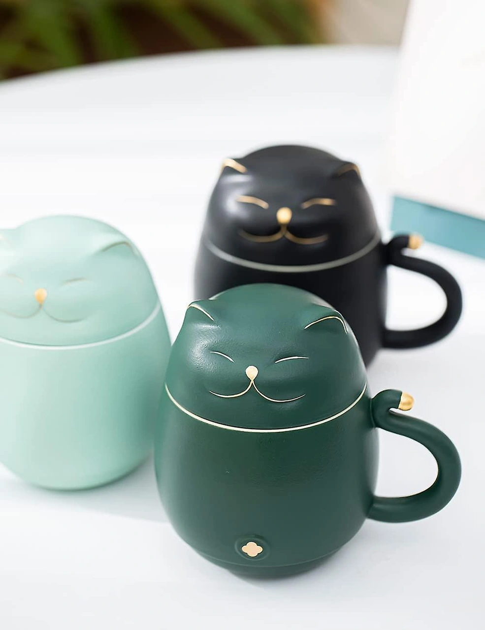 Sevimli Kedi Filtreli Çay Kupası Şanslı Kedi Kapaklı Kahve Kupası Kedi Severler İçin Seramik Kupa 300 Ml Nane Yeşili Diğer