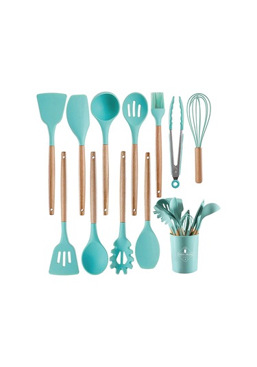 Isıya Dayanıklı Silikon Mutfak Gereçleri, Ergonomik Ahşap Saplı Toksik Olmayan Pişirme Gereçleri, Yapışmaz Tencere, Kaşık Ve Çorba Kepçesi İçin Mükemmel