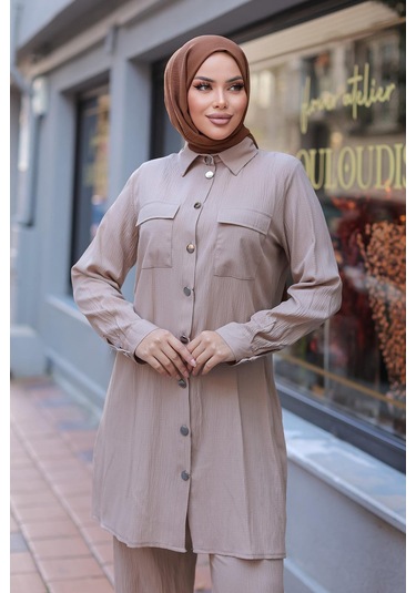 Cep Detaylı Tesettür Vizon Takım Vizon