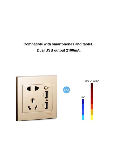 Pazly Altın Renk Lemestar Duvar Prizi, 2 Soket + 2 Usb 2100ma, Ev-ofis-restoran Kullanım, Kolay Kurulum, Kaliteli Malzeme